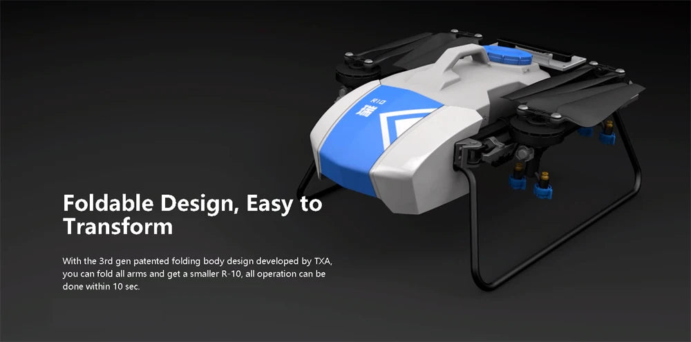 Sense R10 10L Professional Agriculture Drone, 3rd gen patented folding body design developed by TXA . fold all