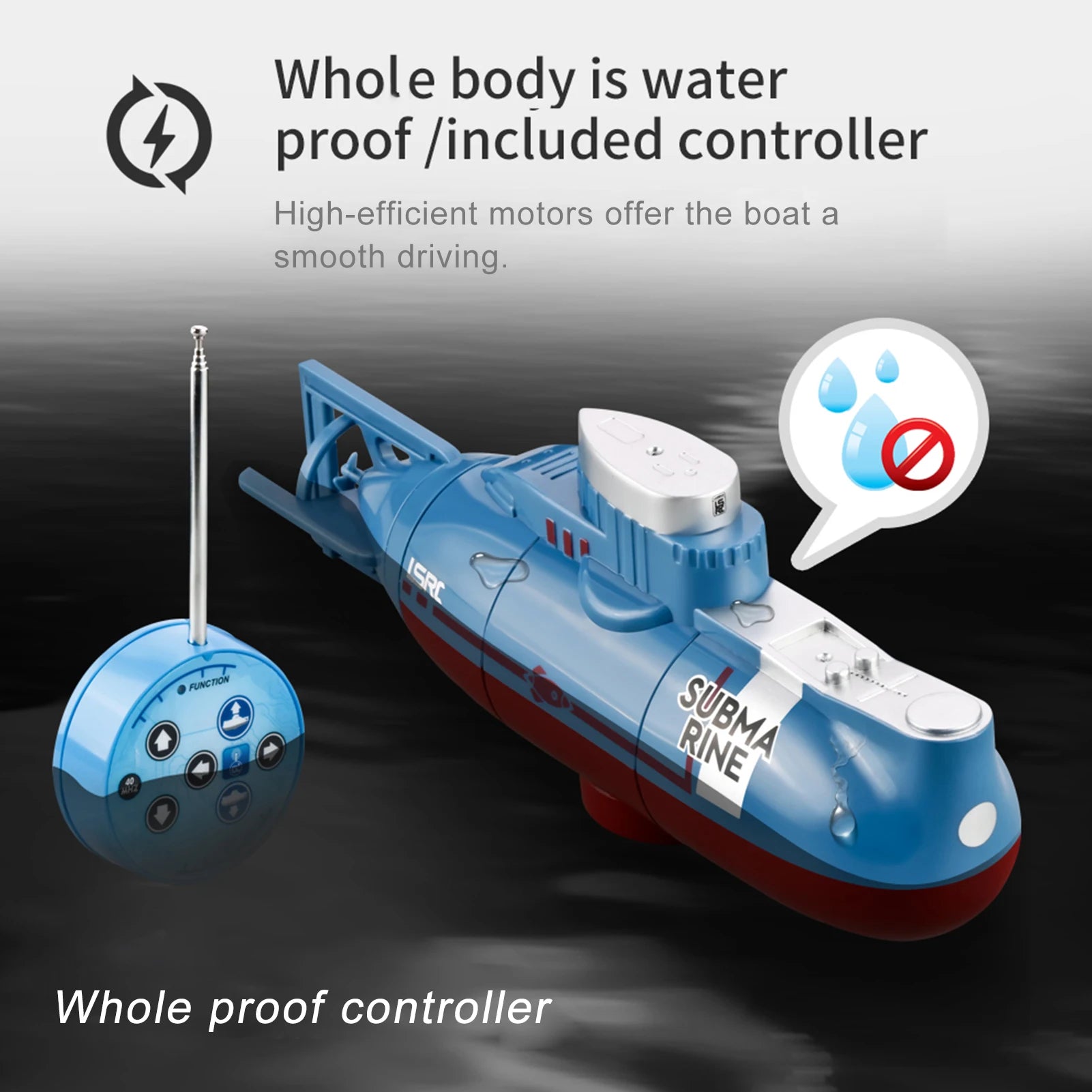 RC Boat, A waterproof RC submarine with remote control, smooth driving, 6-channel operation, and fun design—ideal as a kids' toy for underwater exploration and play.