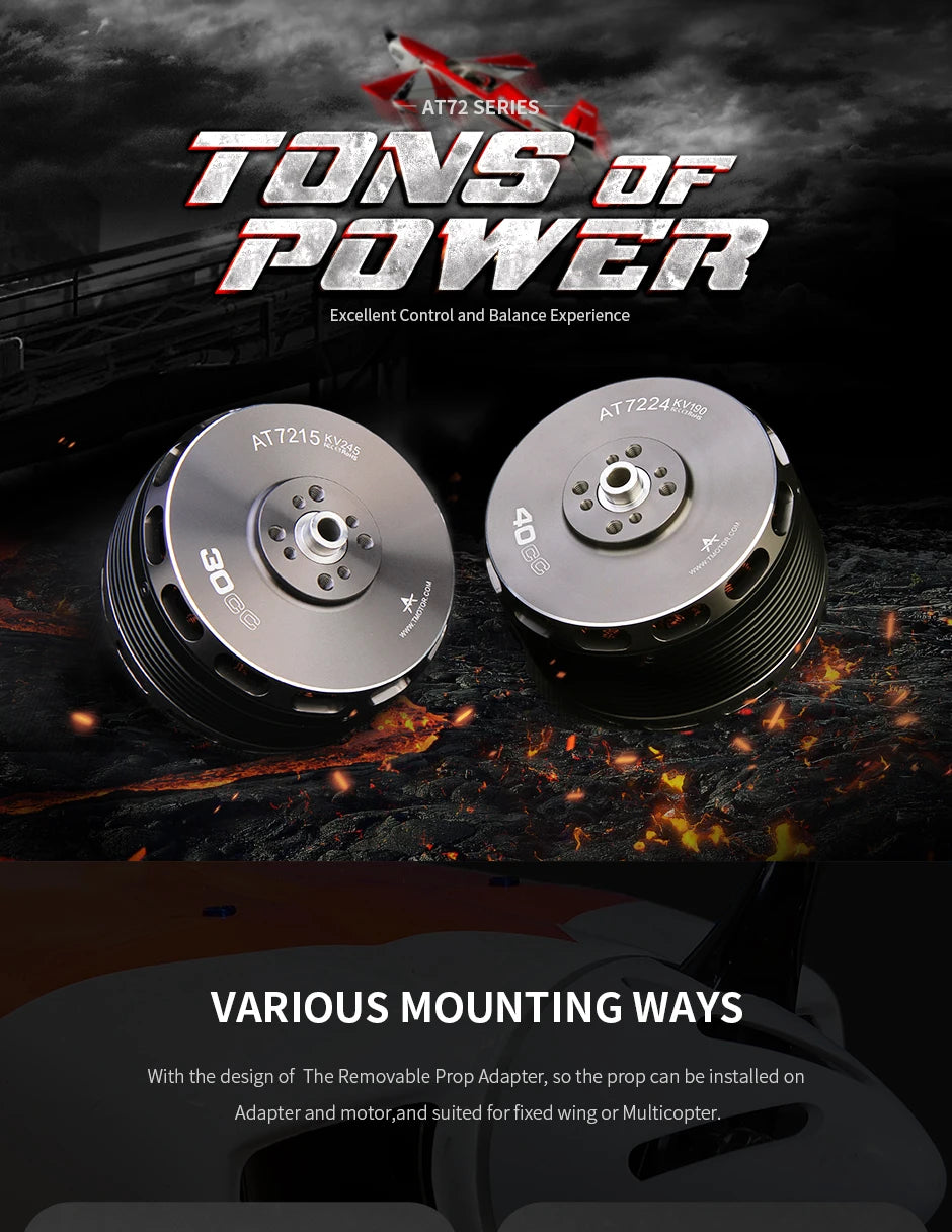T-motor AT7224 KV160 KV190 18KG Thrust Long Shaft Brushless Motor For Fixed Wing Drone 7 T-motor, AT72 SERIES TQNS 07 7owI Excellent Control and Balance Experience AT72