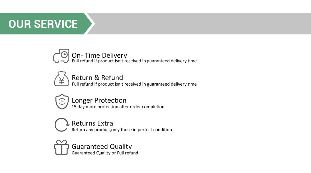 OUR SERVICE On- Time Delivery Full refund if product isn't received in guaranteed