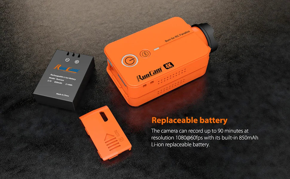 RunCam2 Camera. replaceable battery camera can record up to 90 minutes at resolution 08o@60fps