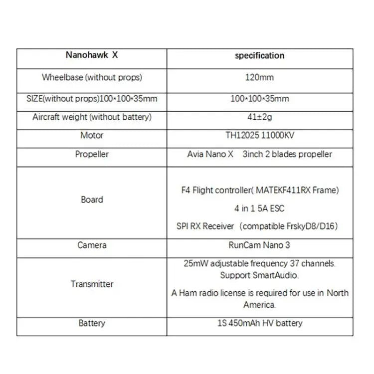 EMAX Nanohawk X - F4 1S 3 Inch BNF Lightweight 41g Outdoor FPV Racing Drone TH12025 11000KV Motor RC Airplane Quadcopter 11 EMAX Nanohawk X, Nanohawk X specification Wheelbase (without props) 120mm 100-100.35