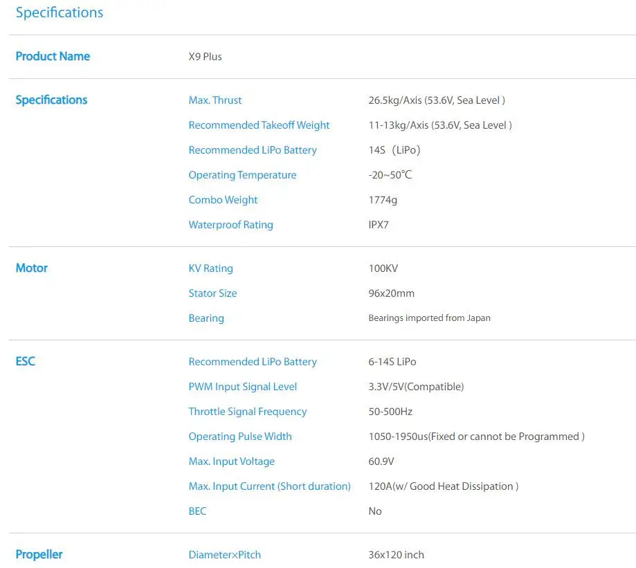 Hobbywing X9 plus Power system - 9260 motor, Hobbywing X9 plus Power system, X9 Plus Specifications Max Thrust 26.Skg/Axis (53.6