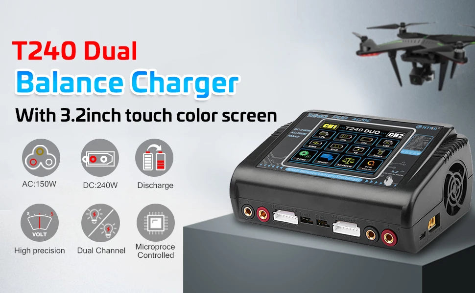 HTRC T240 Duo Lipo Charger - Battery Discharger Dual Channel AC 150W DC 240W Touch Screen RC Charger for Model Car Toy 14 HTRC T240 Duo Lipo Charger, T240 Dual Balance Charger With 3.2inch touch color screen Ja AC:1SOW