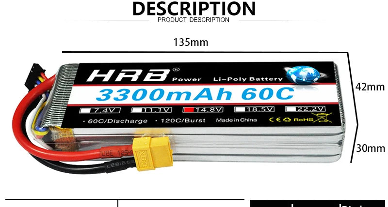 2PCS HRB Lipo Battery, HPD Power Li-Polv Battery 42mm 330OmAh 6oc AV