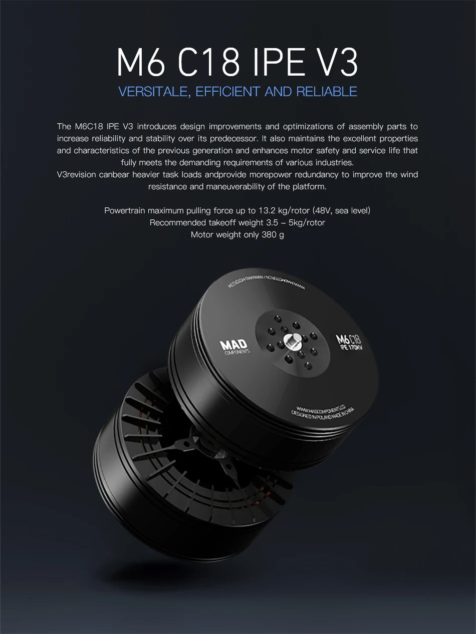 MAD M6C18 Drone Motor, Reliable brushless motor with improved stability, safety, and power redundancy for demanding tasks.