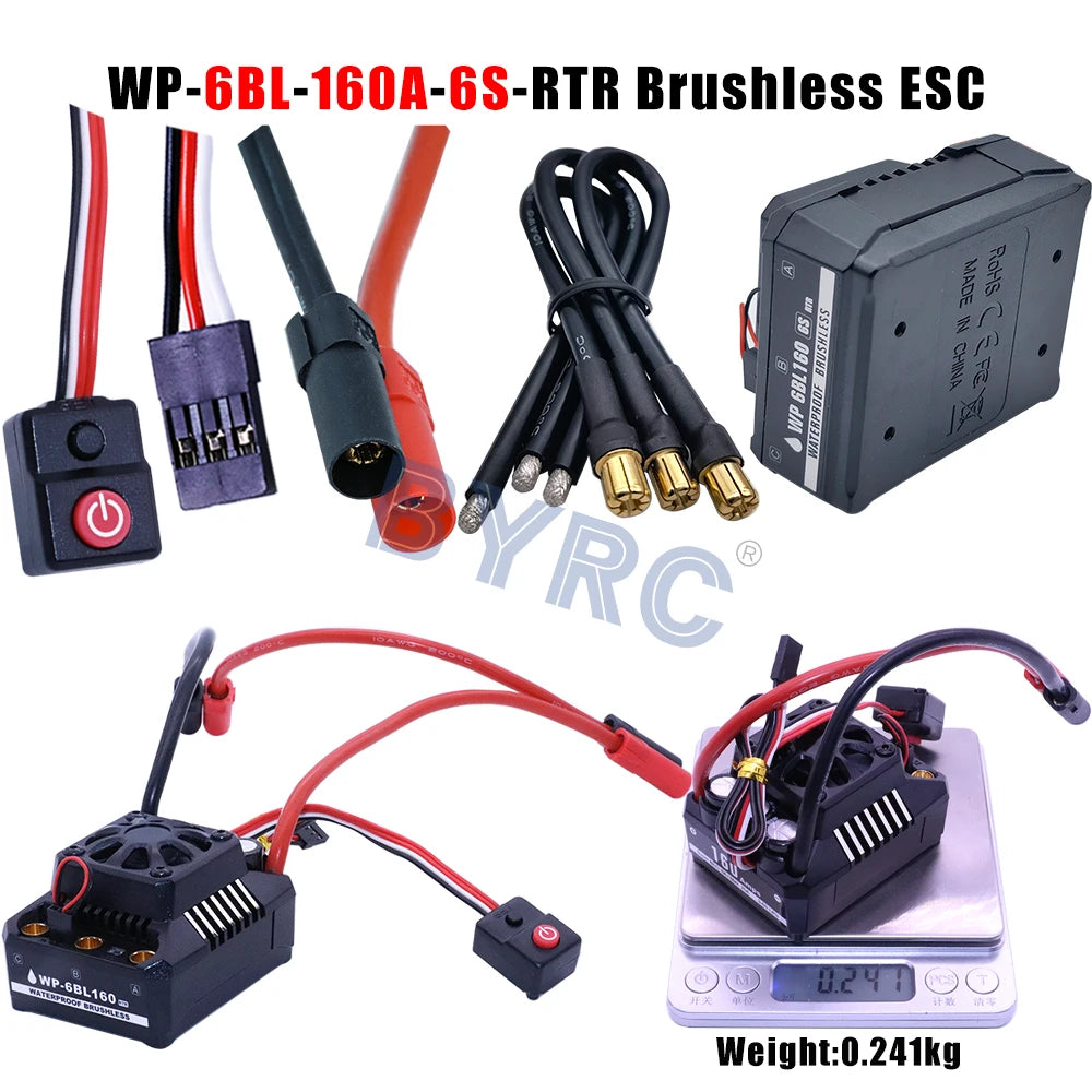 Waterproof brushless ESC for 1/10 to 1/5 RC cars with adjustable speed control.