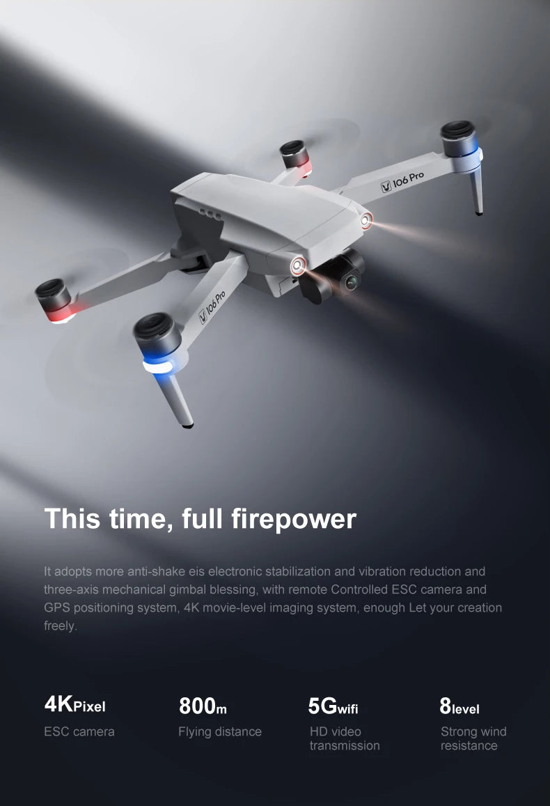 106 Pro GPS Drone - 4K HD Dual Camera Three-Axis Anti-Shake Gimbal 5G WIFI FPV Brushless Motor Foldable Quadcopter Gift Toy Professional Camera Drone 14 106 Pro GPS Drone, 4KPixel 800m 5Gwifi 8
