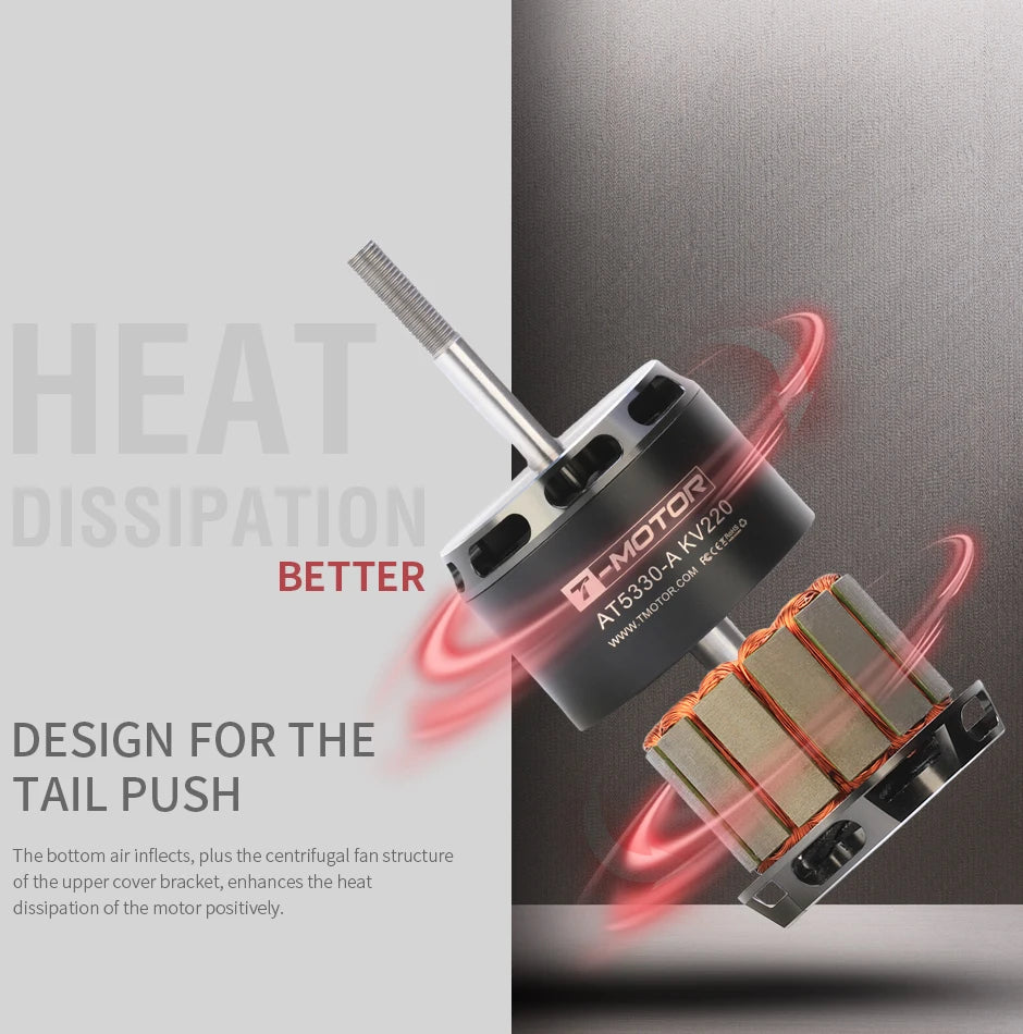 T-motor AT5330-A KV220 Brushless Motor - AT Series Outrunner 12S Max Thrust 11.9KG For Fixed Wing RC Racing Drone VTOL 8 T-motor, the bottom air inflects; plus the centrifugal fan structure of the upper cover