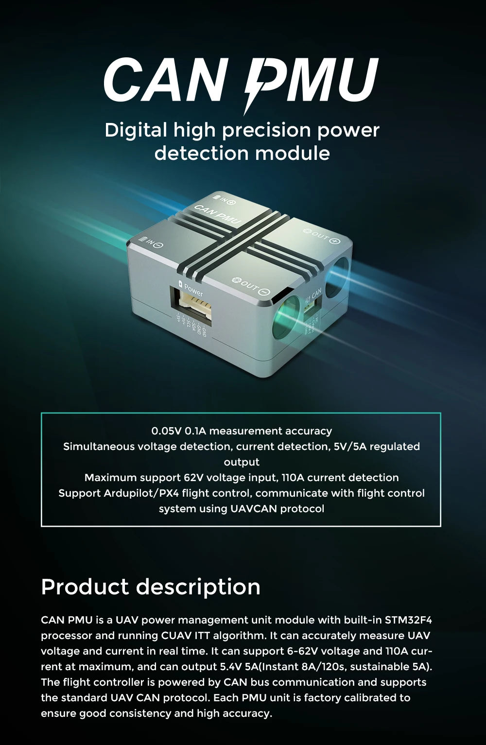 Cuav Can Pmu, CAN PMU is a digital high precision power detection module . it can accurately measure