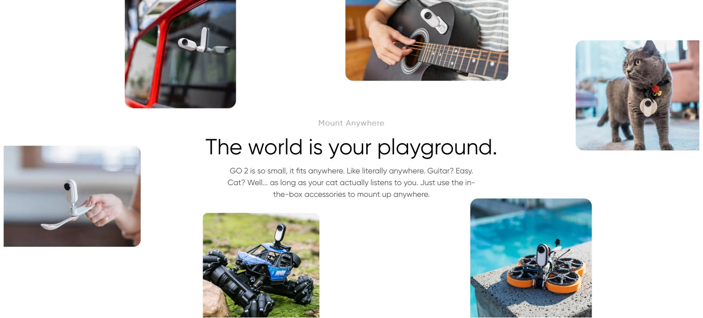 Insta360 GO Small Action Camera Light Weight Waterproof Stabilization POV Capture With Charge Case Wearable Camera Accessories 11 GO 2 is so small, it fits anywhere: Guitar? Easy: Cat?