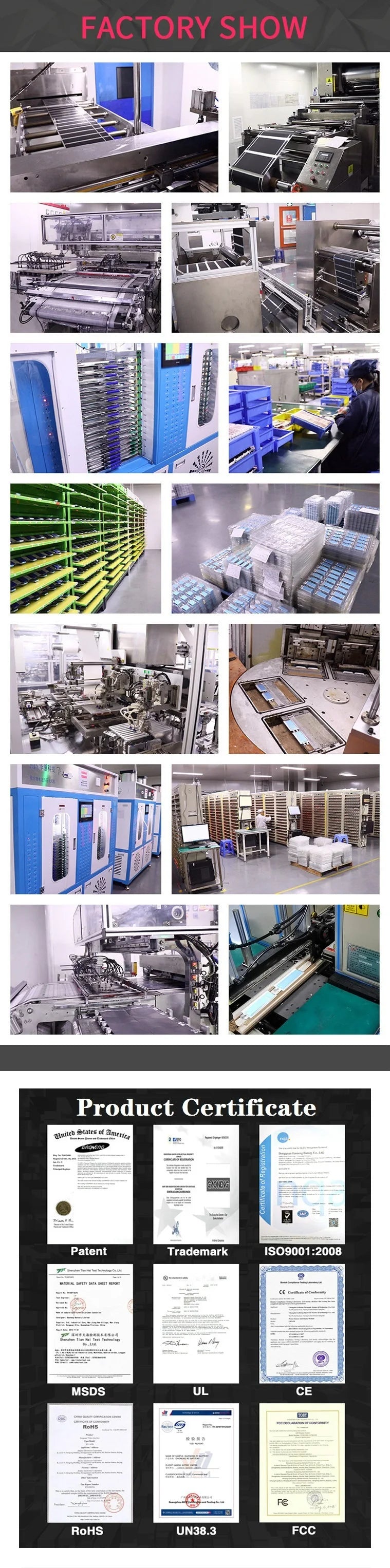 21804727349_1293544964.jpg Gaoneng GNB 6S 22.2V 4000mAh 100C HV Lipo Battery, Product certification includes various standards such as factory show, patents, and international compliance certifications.