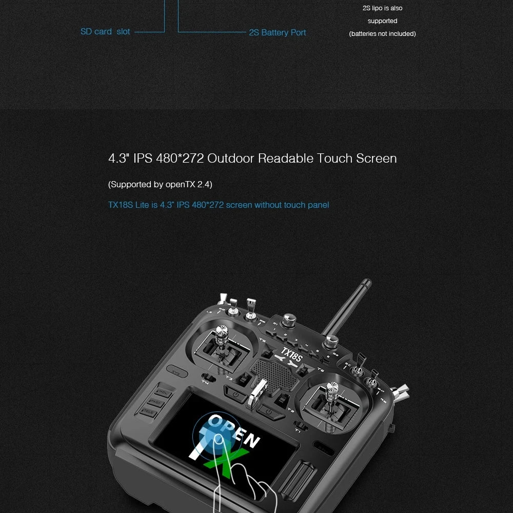 RadioKing TX18S/Lite Transmitter, 25 lipo is als0 supported SD card slot 2S Battery Port (batteries not included