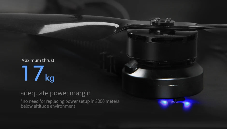 T-motor, maximum thrust 17kg adequate power margin *no need for replacing power setup in 3000 meters