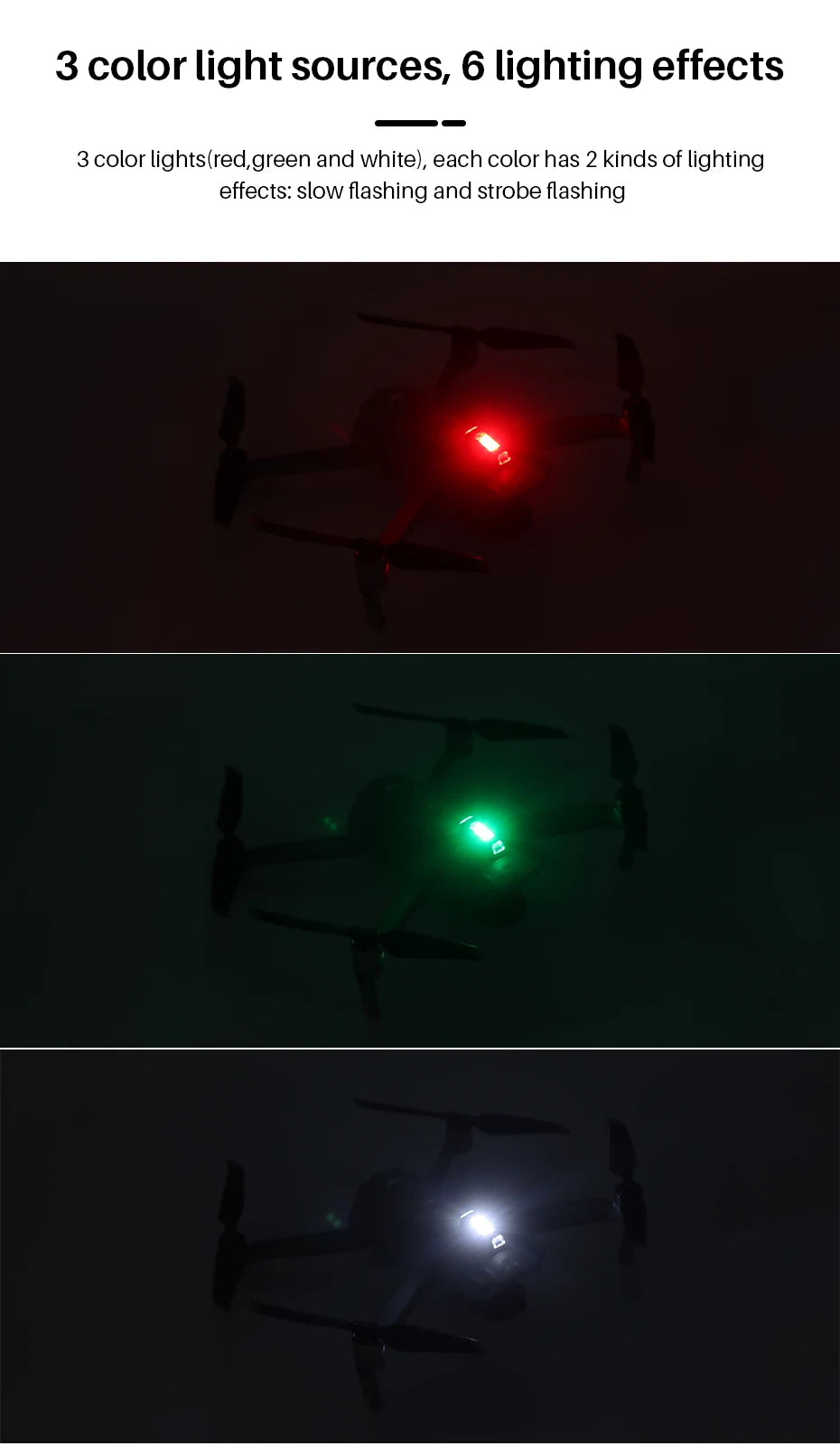 3 color light sources, 6 lighting effects 3 color lights(red,green and white), each