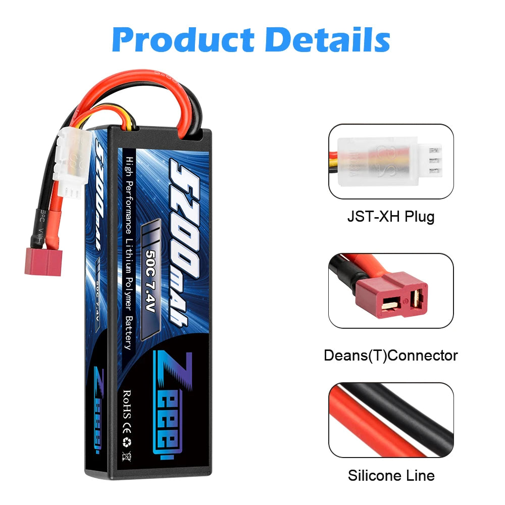 1/2units Zeee 5200mAh 7.4V 50C Lipo Batteries, Up to 200Wh/kg energy density and Long cycle life