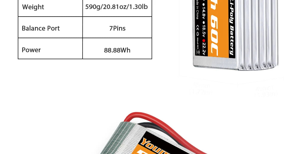 2PCS Youme 22.2V 6S Lipo Battery, Weight 590g/20.810z/1.30lb His 1 Balance Port 7P