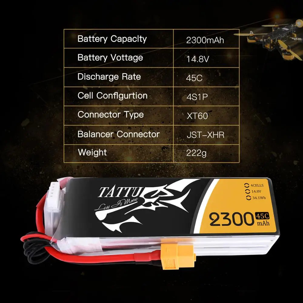 1pc Tattu Lipo Battery, 2300mAh Battery Vottage 14.8V Discharge Rate 45C Cell Conflgur
