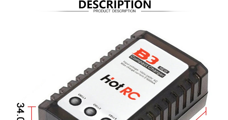 HotRC B3 Lipo Battery 7.4V 11.1V - 2S 3S AC 10W Balance Charger 110V-240V Compact Charging EU US Plug Power Cable Warning RC Parts 7 HotRC B3 Lipo Battery 7.4V 11.1V, PRODUCT DESCRIPTION 3 B3 @Chorqot Fot