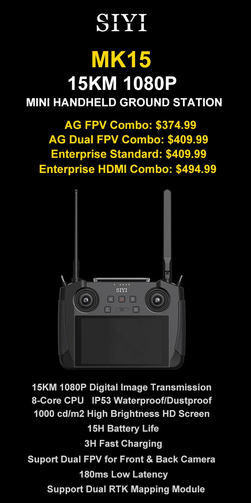 SIYI MK15 Transmitter, SIYI MK15 15KM 1080P MINI HANDHELD GROUND