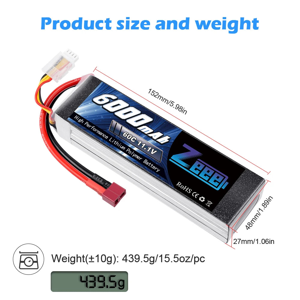 Zeee Lipo Battery, Product size and weight 27mm/1.06in Weight(t1Og): 43