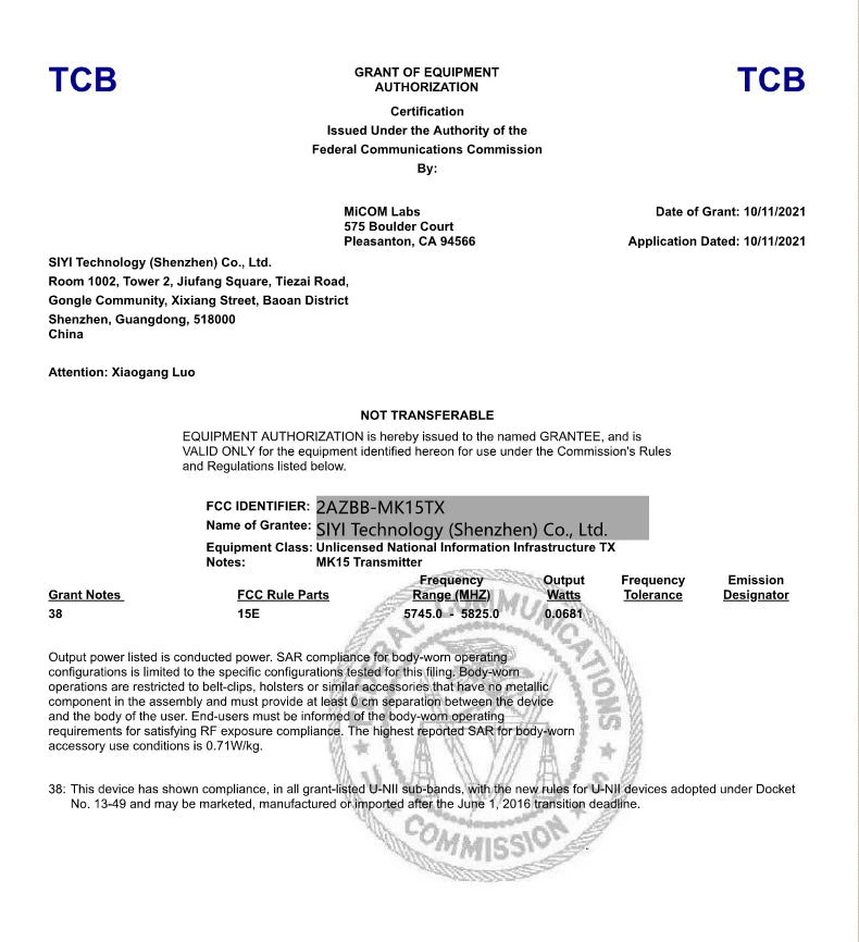TCB GRANT OF EQUIPMENT AUTHORIZATION Certification Issued