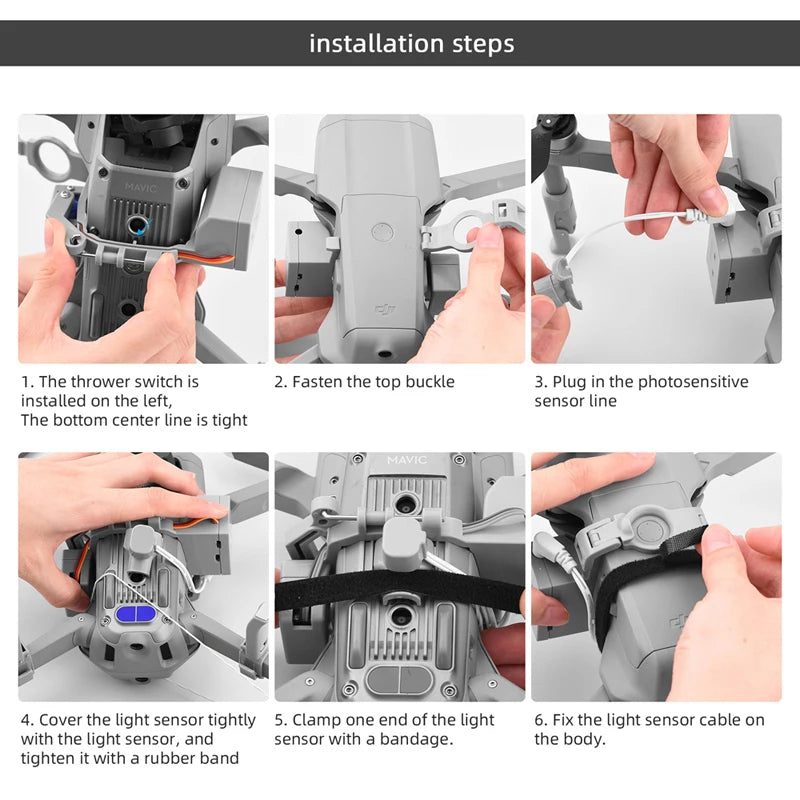Airdrop System for Drone DJI Mavic Air 2/AIR 2S Fishing Bait Ring Gift Deliver Life Rescue Remote Throw Thrower Air Drop 17 the thrower switch is 2. Fasten the top buckle 3. Plug in the photosensitive installed on