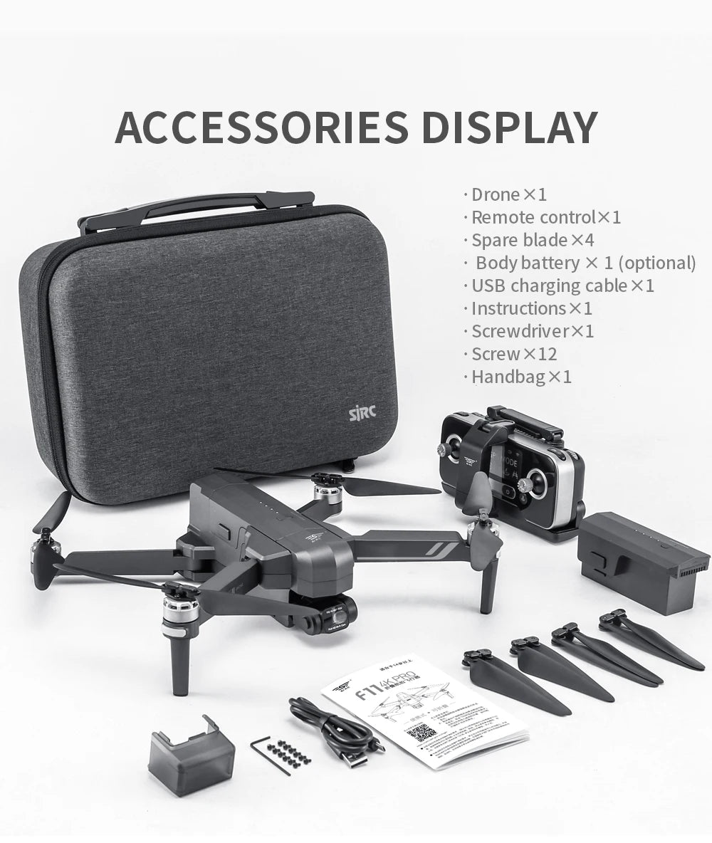 SJRC F11 / F11S Pro Drone - With 4K HD Camera 3KM WIFI GPS EIS 2-axis Anti-Shake Gimbal FPV Brushless Quadcopter Professional RC Dron Professional Camera Drone 52 SJRC F11 / F11S Pro Drone, ACCESSORIES DISPLAY Drone Xl Remote controlx1 Spar