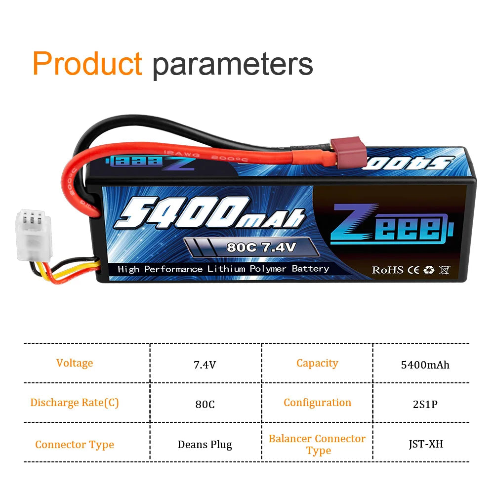 1/2units Zeee 5400mAh 80C 2S 7.4V Lipo Battery , AEEL 80C 74V Performance Lithium Polymer Battery RoHS (€