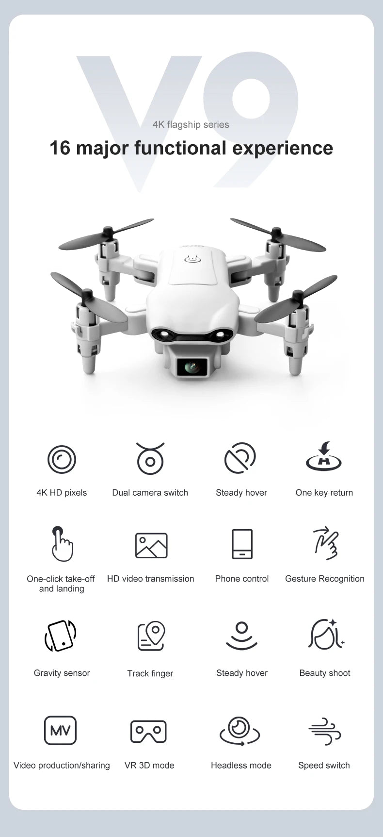 V9 RC Mini Drone, 4k flagship series 16 major functional experience 4k hd pixels