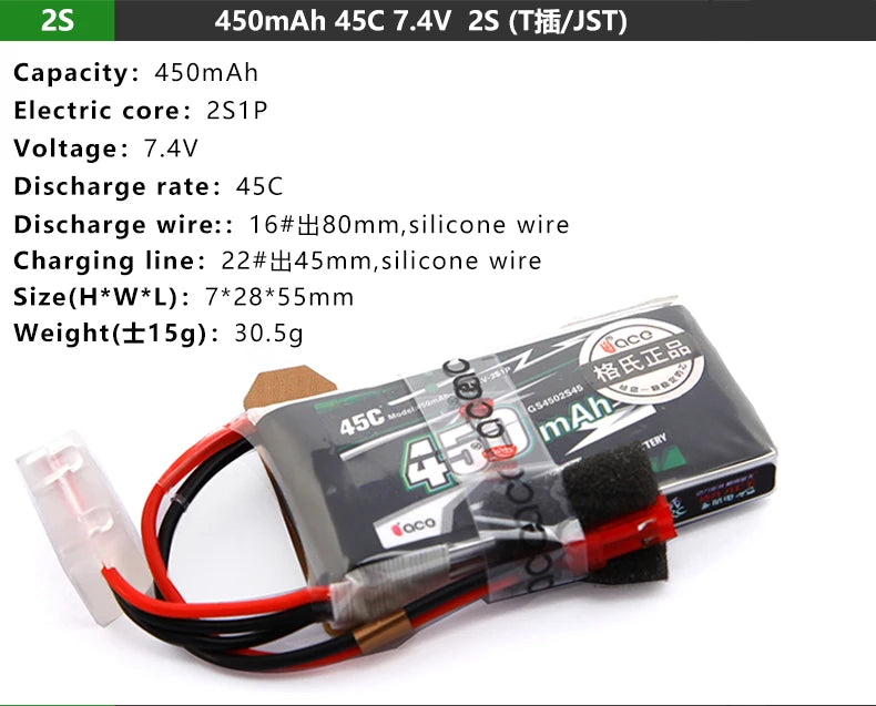 Gens ACE Lipo Battery, 450mAh 45C 7.4V 2S (TMMMJST) Capacity