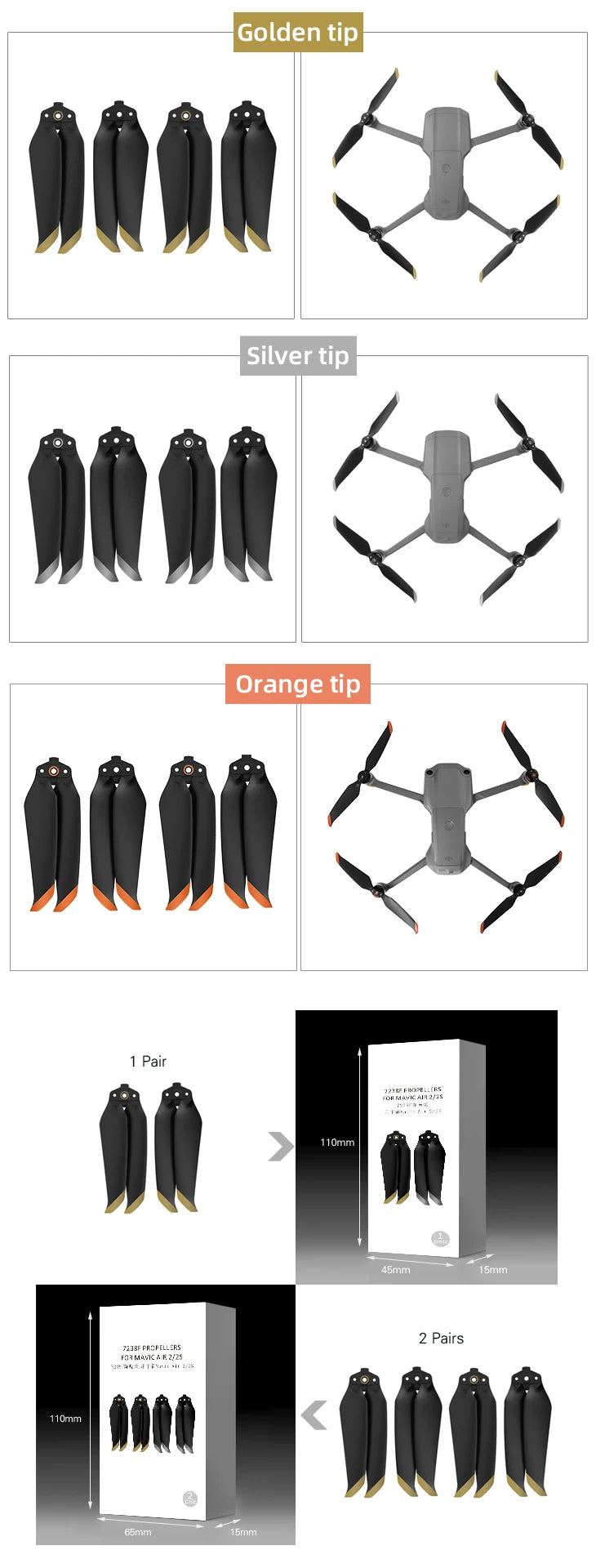 4 pairs 7238 Low Noise Props 7238F Propellers For DJI Mavic Air 2/DJI AIR 2S Drone Accessories 17 Golden tip Silver tip X Orange tip Pair FhafE MAvicRi32/