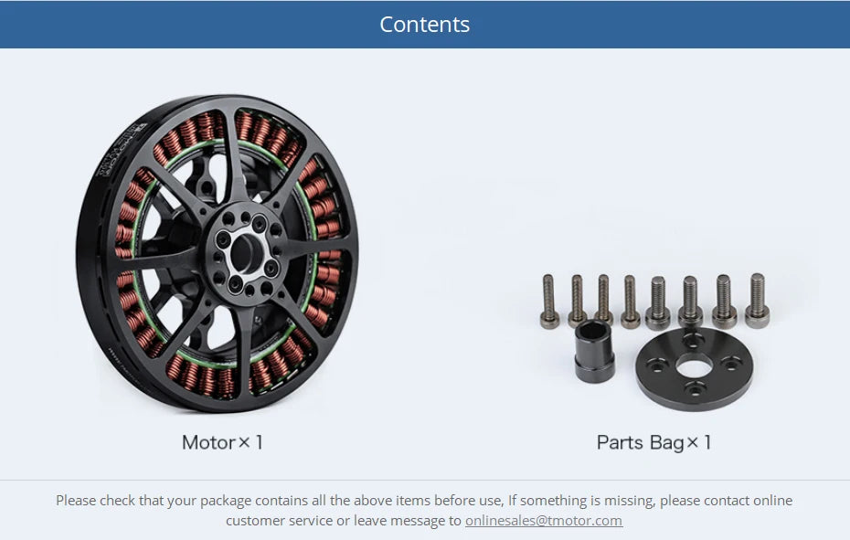 T-motor, if something is missing please contact online customer service or leave message t0 onlinesales
