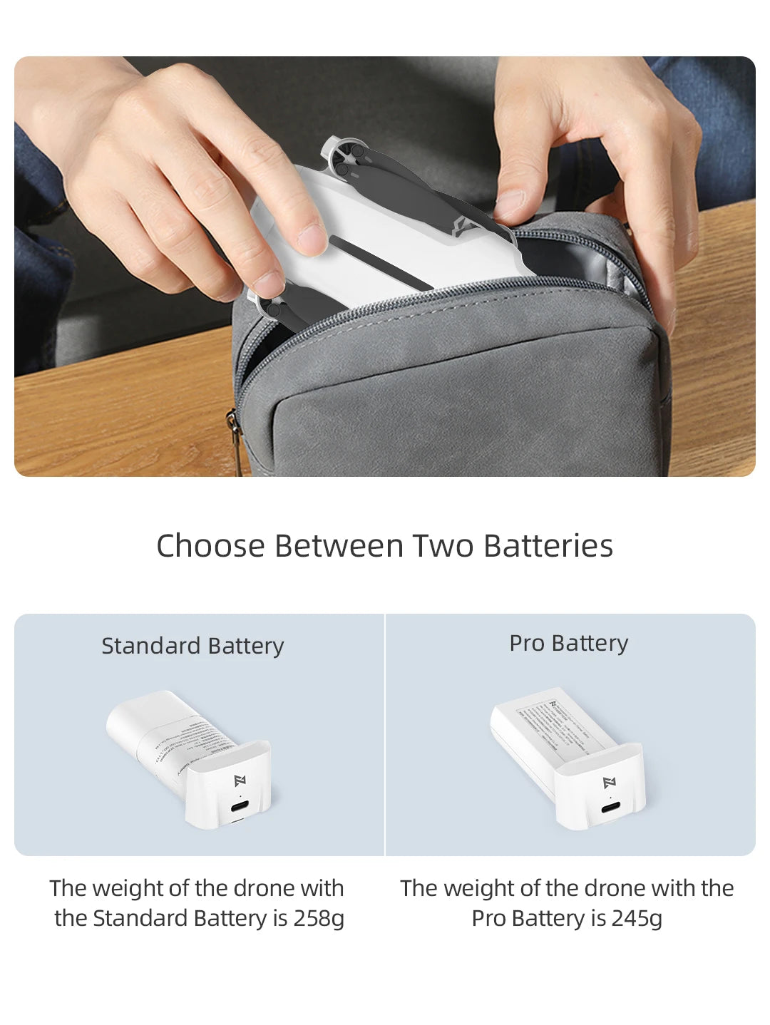 FIMI X8 Mini Drone, Standard Battery Pro Battery The weight of the drone with the the Standard Battery is 258g 2