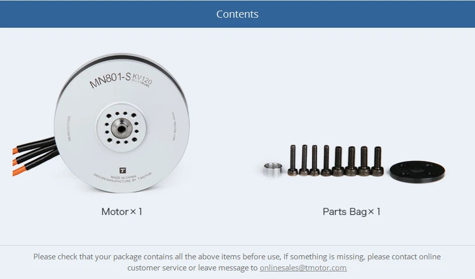 T-motor, please check that your package contains all the above items before use . if something is missing