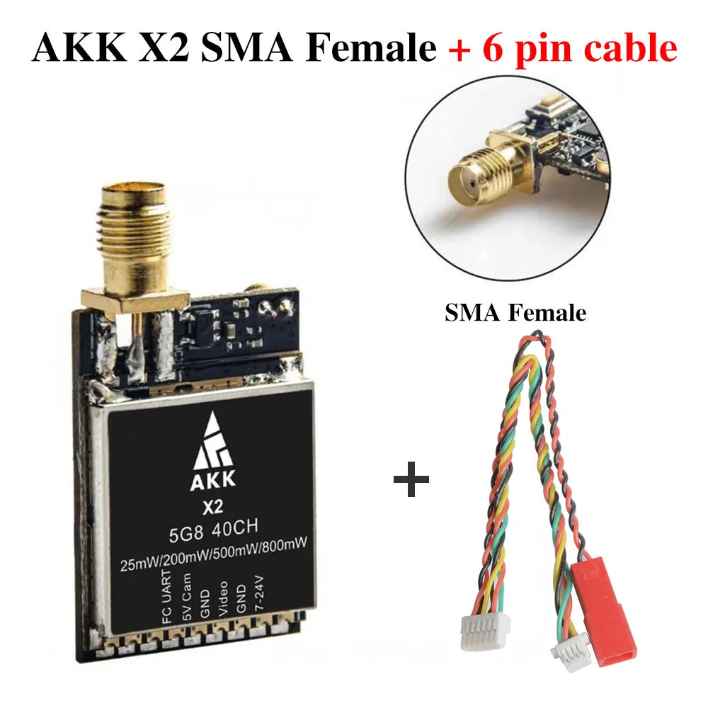 AKK X2P/X2 5.8Ghz 40CH VTX, AKK X2 SMA Female + 6 pin cable .