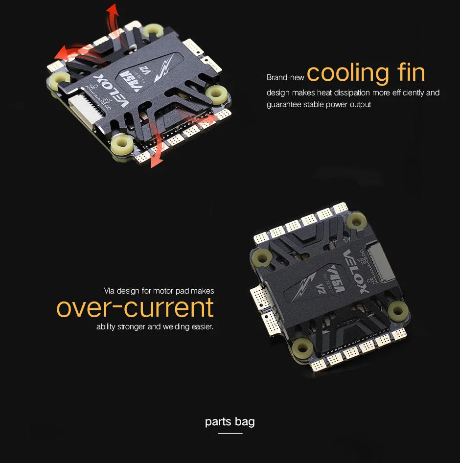 T-motor V45A V2 6S 4IN1 32BIT ESC, brand-new cooling fin design makes heat dissipation more efficiently . brand-