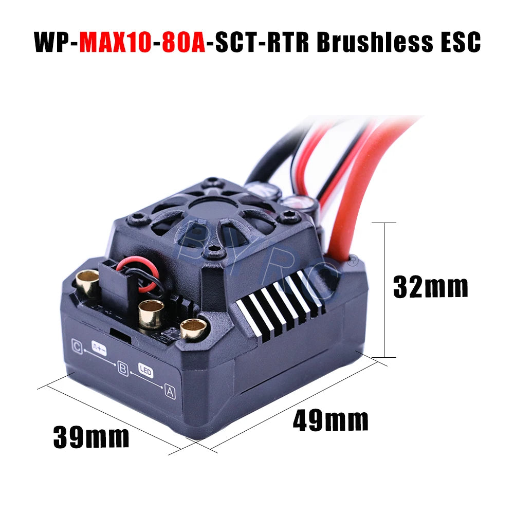 Waterproof brushless speed controller for 1/10 to 1/6 RC cars with compact dimensions.