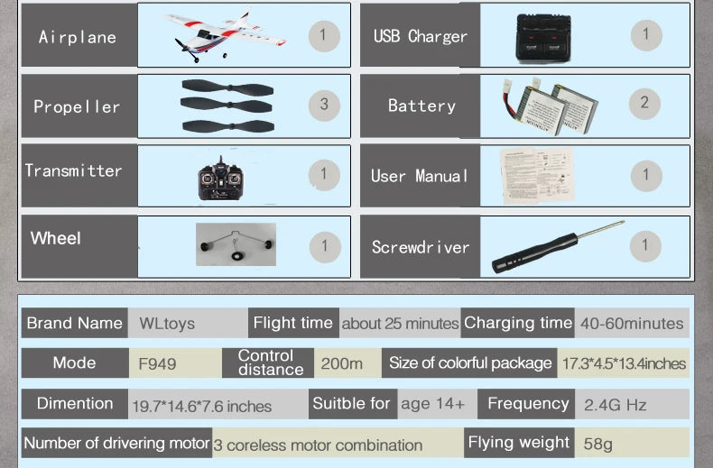 WLtoys F949 Airplane, Airplane USB Charger Prope ler Battery Transmitter User Manual Wheel Screwd