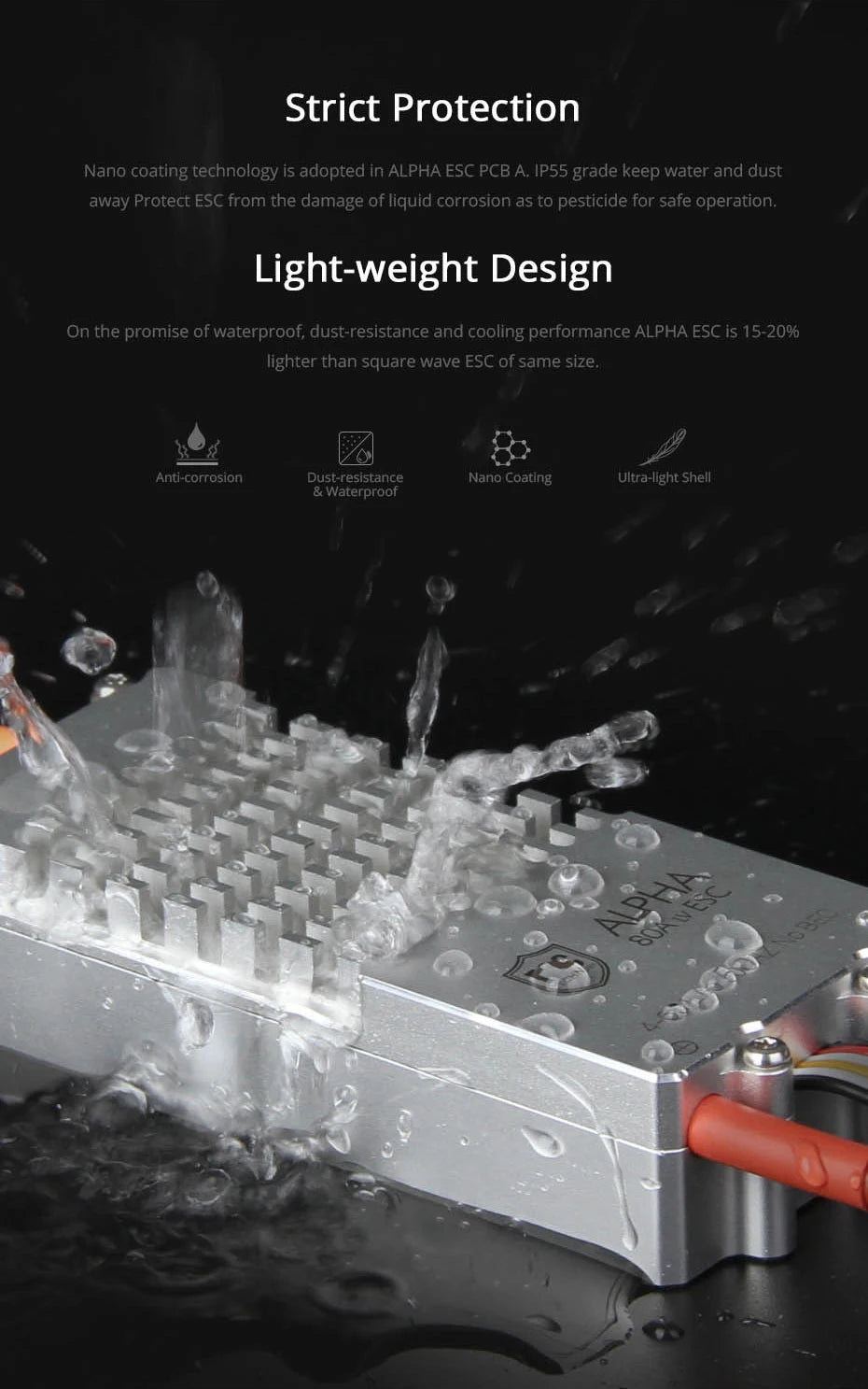 T-motor ALPHA 120A HV ESC, Nano coating technology is adopted in ALPHA ESC PCB A IPSS keep water and