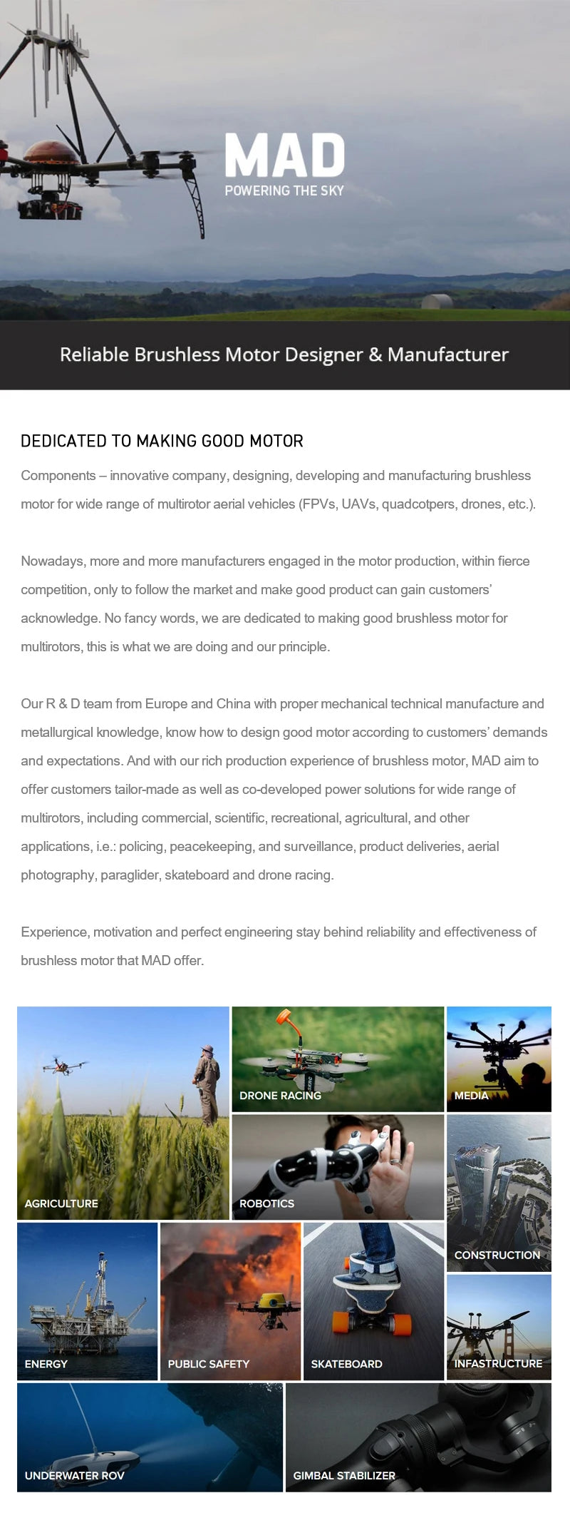 MAD 5010 EEE Drone Motor, Reliable brushless motor designer and manufacturer creating innovative components for diverse multi-rotor aerial vehicles.
