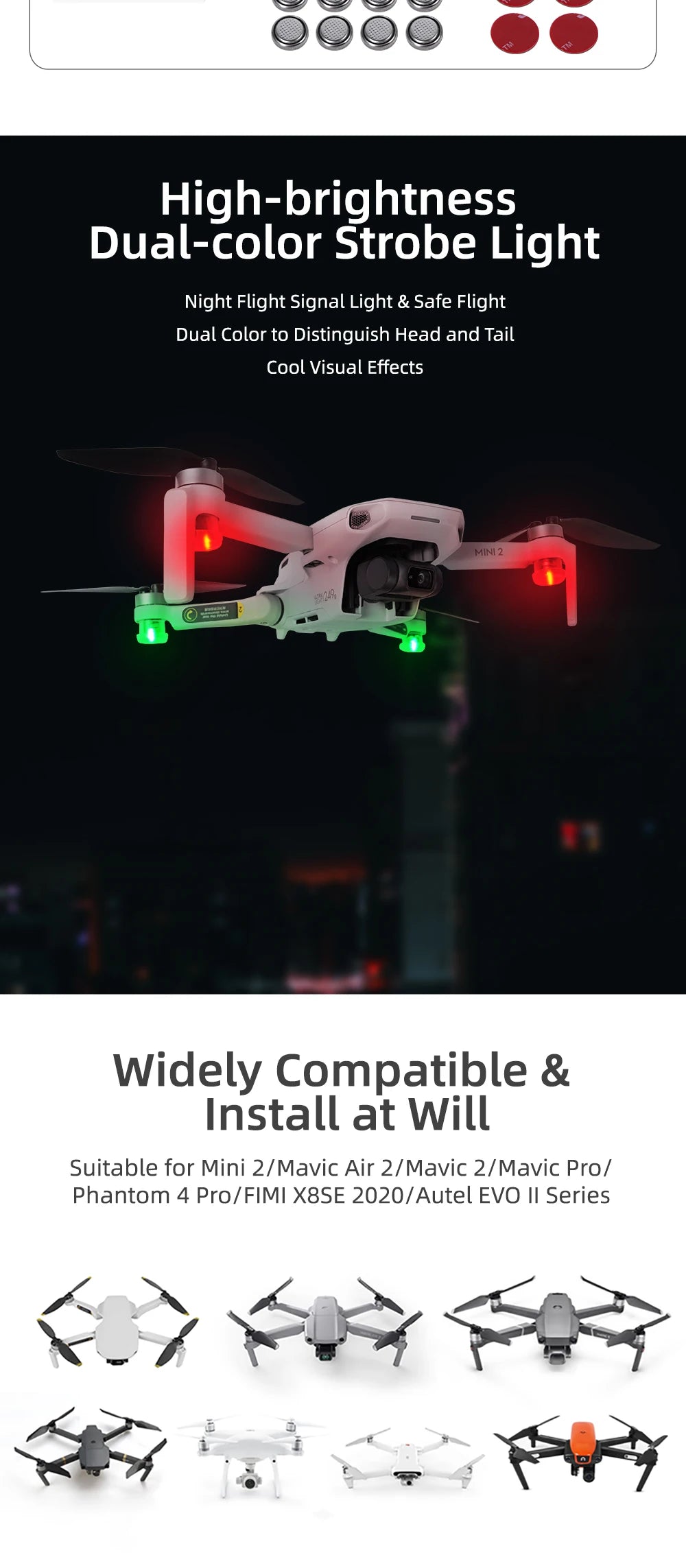 Head Eye Light For DJI MINI 2 Mavic Mini Se Head Flashing Light 36 High-brightness Dual-color Strobe Light Night Flight Signal Light & Safe Flight