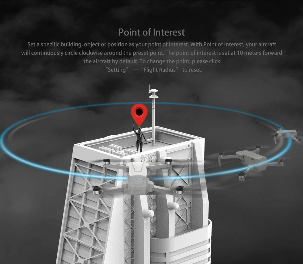 MJX B19 Drone, point of interest is set at 10 meters forward the aircraft by default: To change the point,