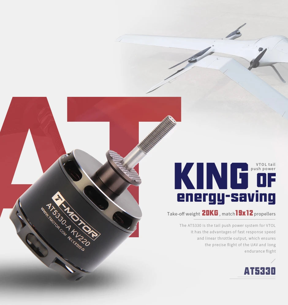 T-motor AT5330-A KV220 Brushless Motor - AT Series Outrunner 12S Max Thrust 11.9KG For Fixed Wing RC Racing Drone VTOL 5 T-motor, AT5330 has the advantages of fast response and linear throttle output; which ensures the precise