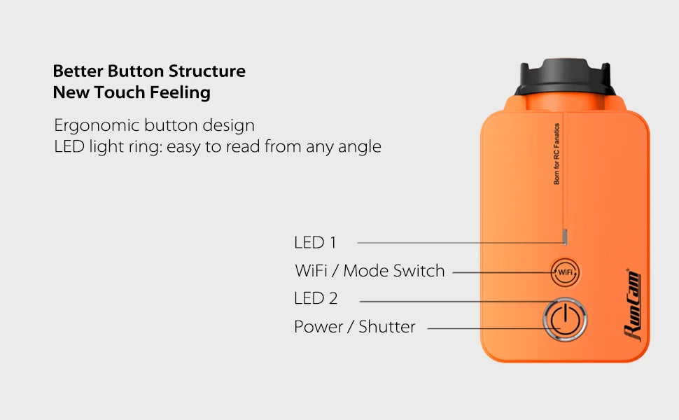 RunCam2 Black Light Action Mini Outdoor Sport Drone Shooting Video Camera Recorder 1080P 60FPS HD Wi-Fi APP Replaceable Battery 10 Better Button Structure Touch Feeling Ergonomic button design LED light ring: easy