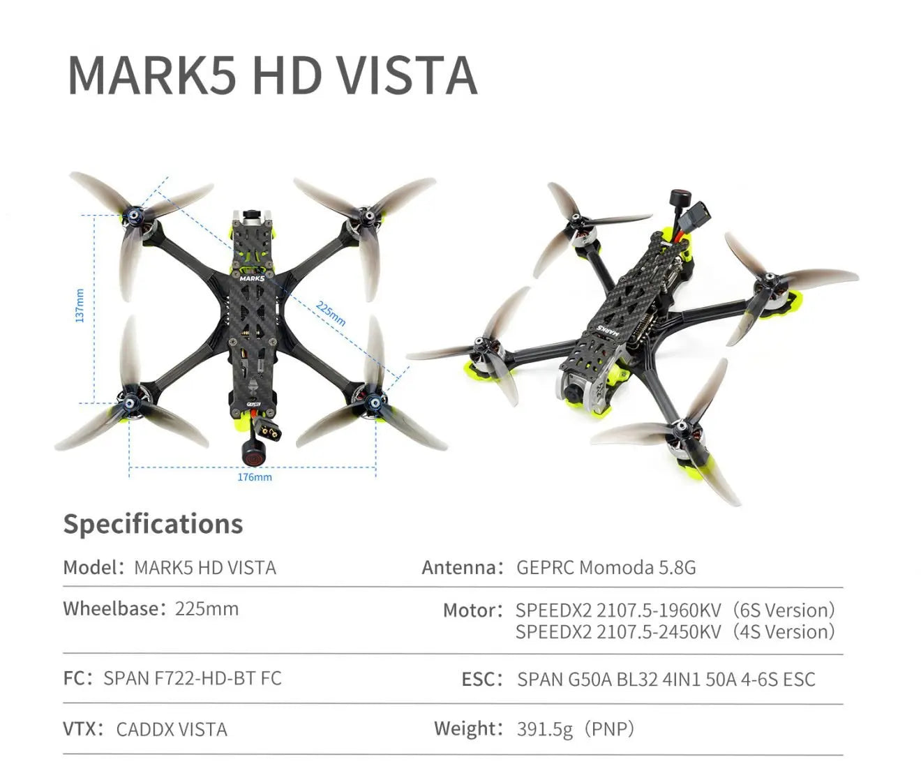 GEPRC MARK5 FPV Drone - Analog Freestyle 4S/6S 5Inch SPEEDX2 2107.5 F722-HD-BT For RC FPV Quadcopter LongRange Freestyle Drone 21 GEPRC MARK5 FPV Drone, MARKS HD VISTA E 1 I76mm Specifications . 225mm