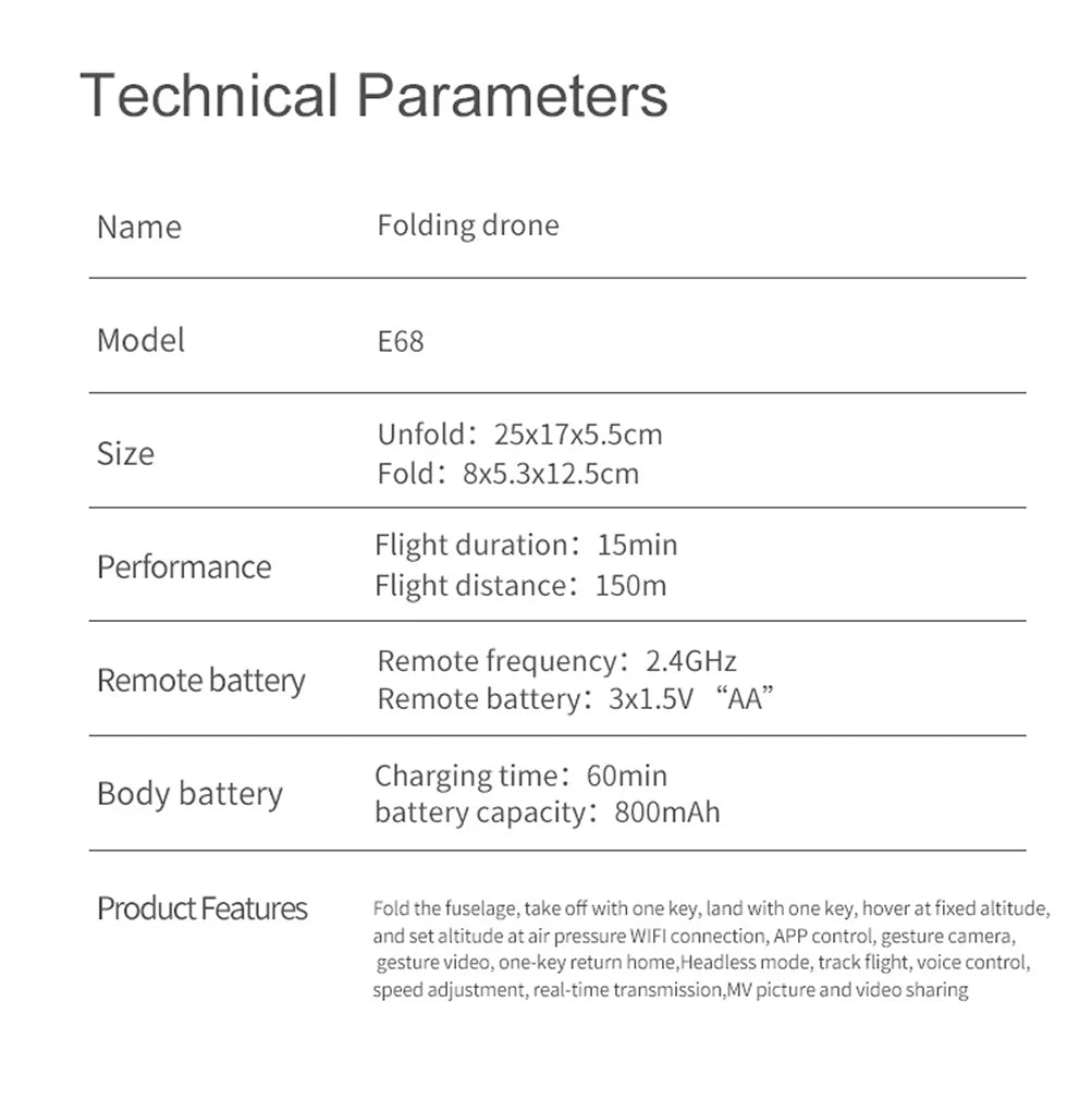 E59 Drone, e68 features fold the fuselage,take off with one key