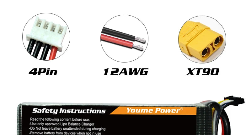 2PCS Youme Lipo 2S 3S 4S 5200mah 6200mah Battery, Usc only approved lipo balancc Chargcr Do Notleave