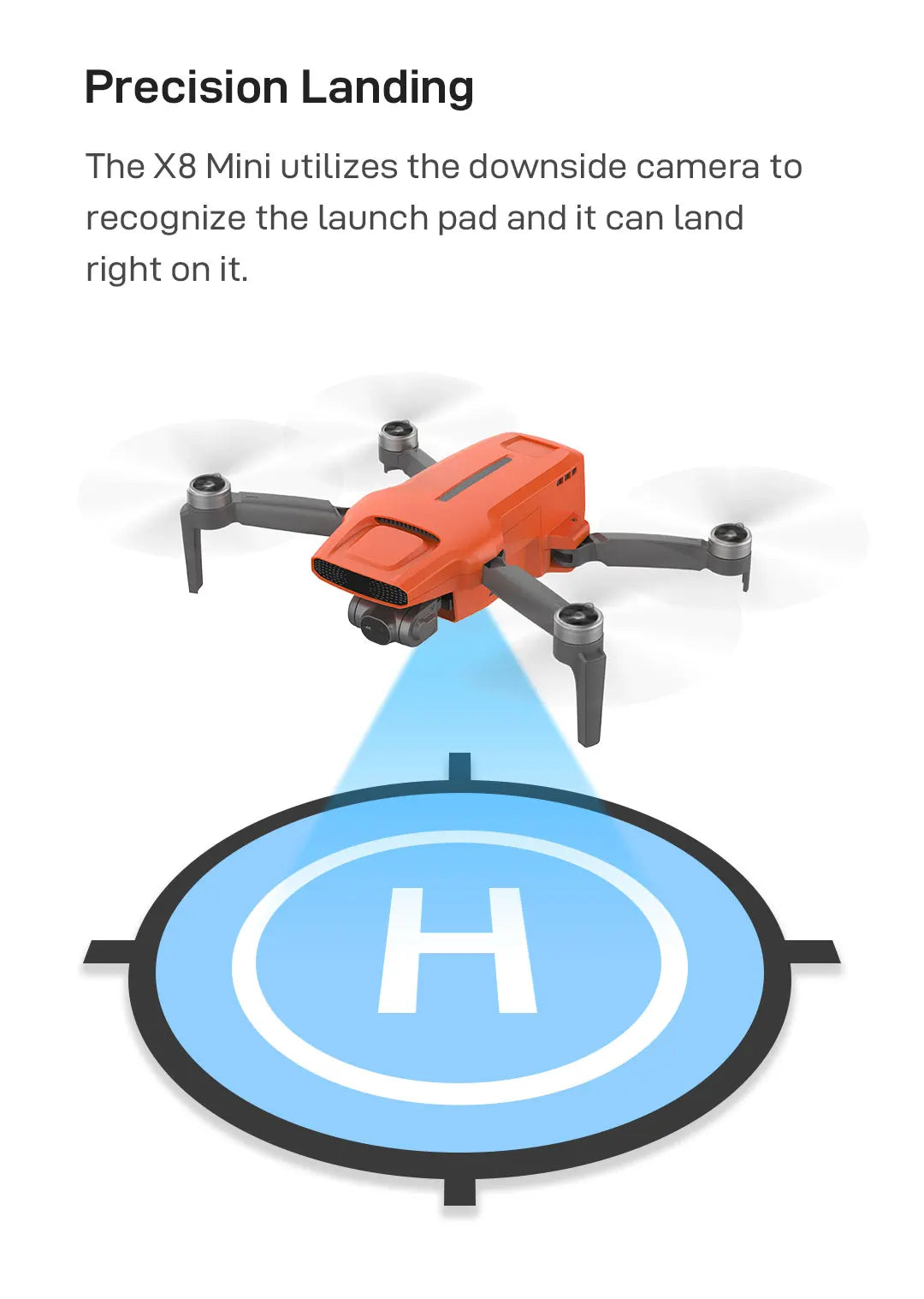 FIMI X8 mini Pro Camera Drone, the X8 Mini utilizes the downside camera to recognize the launch pad . it can