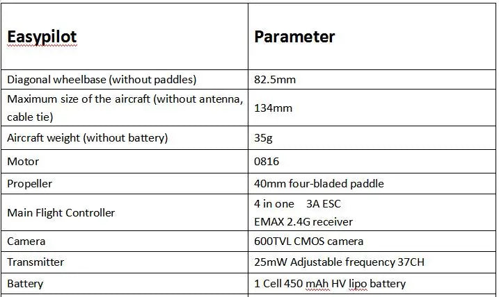 EMAX EZ Pilot 82MM Mini FPV Racing Drone, Easypilot Parameter Diagonal wheelbase (without paddles) 82.Smm